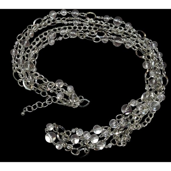 Bright Silver Tone Multilayer Chain Clear Orb Beaded Necklace - Picture 1 of 7